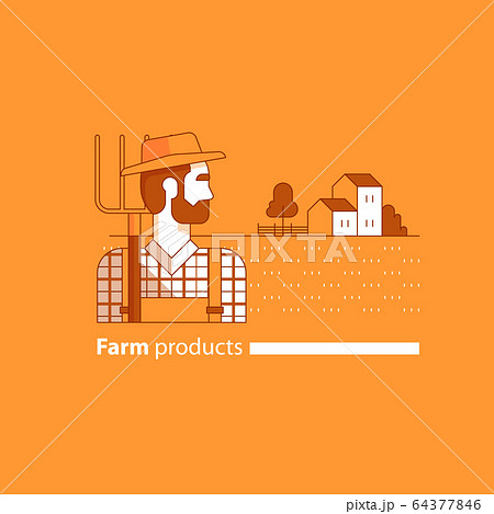 Farming industry, farmer with fork, farm house 64377846