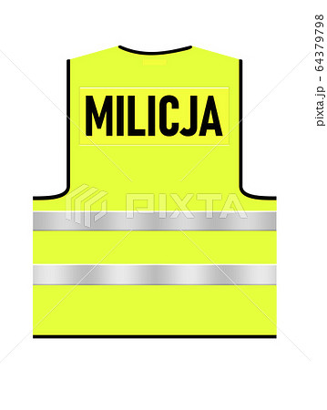 Bright green yellow Polish traffic Milicja vest on a white isolated background. Back view. Concept illustration. Black text design logo. Traffic vest with stripes reflecting the light. Bright green yellow Polish traffic Milicja vest on a white isolated background. Back view. Concept illustration. Black text design logo. Traffic vest with stripes reflecting the light. 64379798