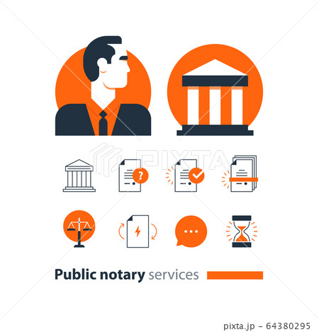 Public notary services icon set, law firm advocacy 64380295