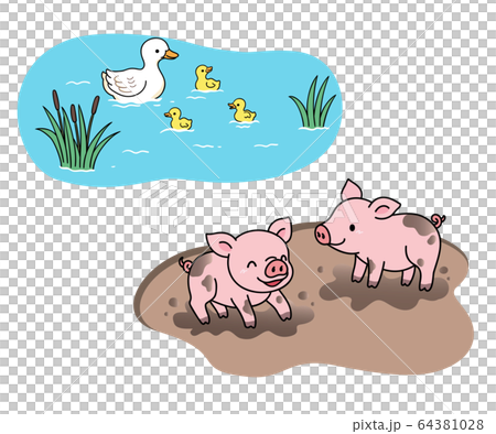 農場景觀-池塘和泥沼,有動物在嬉戲 64381028