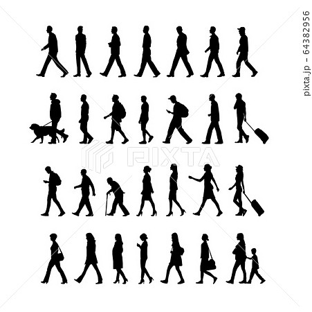 歩いている人物 歩行者 全身 横向き シルエットイラストセットのイラスト素材 64382956 Pixta