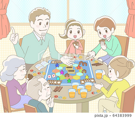 ボードゲームで遊ぶ家族のイラスト素材
