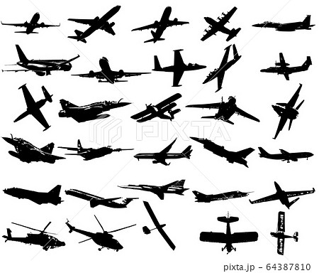 様々な航空機30種類シルエットのイラスト素材