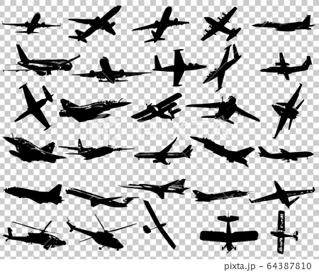 様々な航空機30種類シルエットのイラスト素材