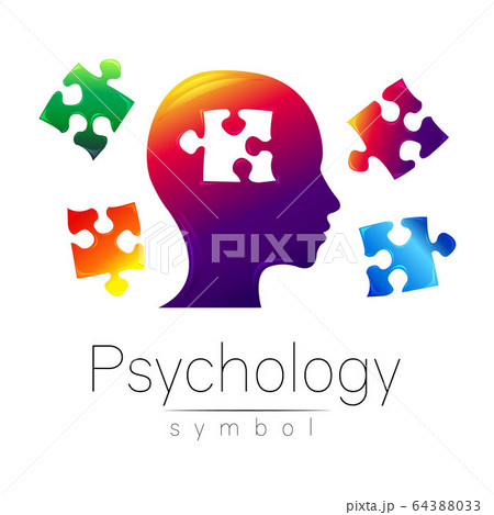 Modern head sign of Psychology. Puzzle. Profile Human. Creative style. Symbol in vector. Design concept. Brand company. Violet color isolated on white background. Icon for web, print 64388033