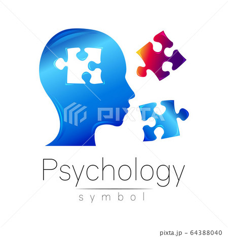 Modern head sign of Psychology. Puzzle. Profile Human. Creative style. Symbol in vector. Design concept. Brand company. Blue color isolated on white background. Icon for web, print 64388040