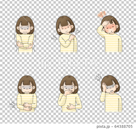 病気 症状セット2 悪寒 節の痛み 発熱 腹痛 吐き気 頭痛 女の子のイラスト素材