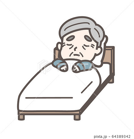 ベットで寝る おじいさん 自宅療養 ホテル待機などのイラスト素材