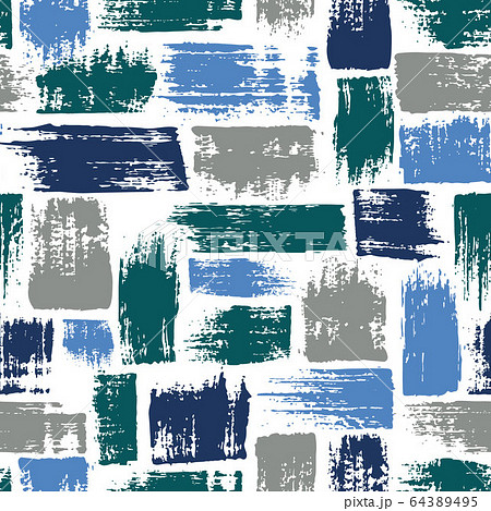 Vector seamless pattern with brush stripes and strokes. Blue color on white background. Hand painted grange texture. Ink geometric elements. Fashion modern style. Endless fabric unusual print. 64389495