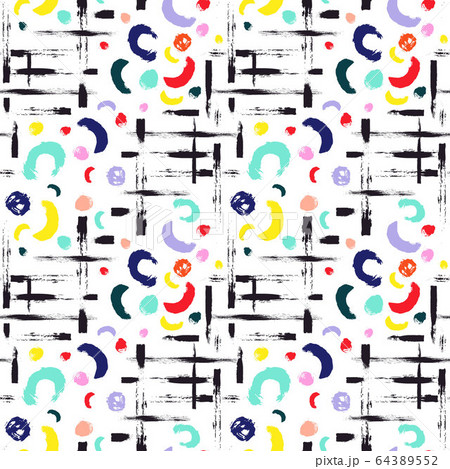 Vector colorful seamless pattern with brush dots, strokes, circles and strokes. Rainbow color on white background. Hand painted grange texture. Ink geometric elements. School modern style. Summer Vector colorful seamless pattern with brush dots, strokes, circles and strokes. Rainbow color on white background. Hand painted grange texture. Ink geometric elements. School modern style. Summer 64389552