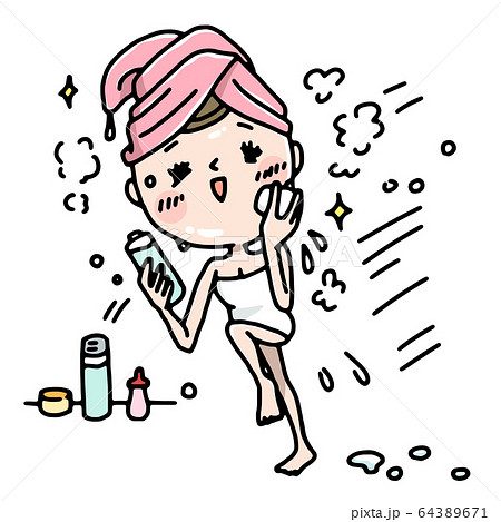 お風呂上がりに素早く保湿をする女性のイラストのイラスト素材