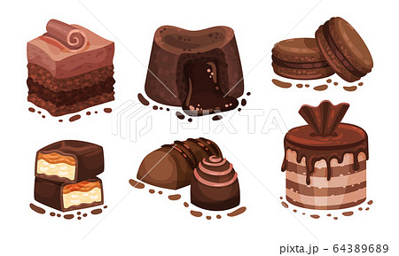 Chocolate Desserts with Layered Cake and Macarons Vector Set 64389689