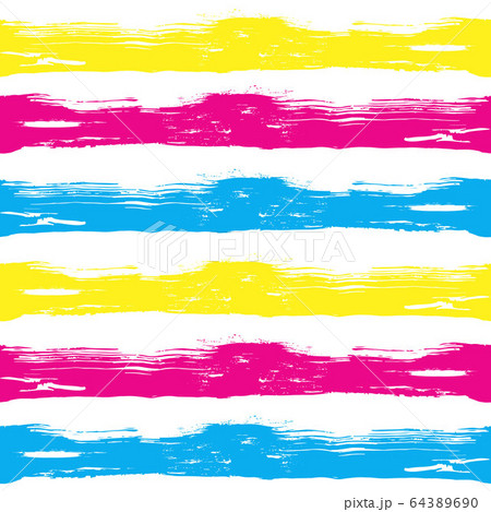 Vector seamless pattern brush waves and lines. yellow blue pink color on white background. Hand painted grange texture. Ink geometric elements. Fashion modern style. Endless fantasy plaid fabric print 64389690