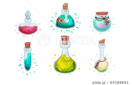 Glass Bottles and Jars with Potion Corked with Bottle Cap and Lid Vector Set 64389691