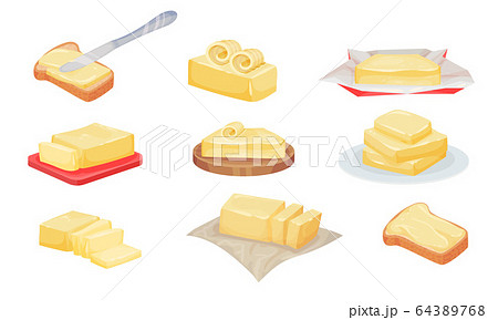 Butter Slices and Rolls Rested on Cutting Board Vector Set 64389768
