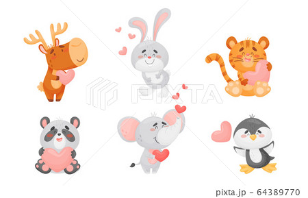 Cute Happy Animals Holding Hearts and Smiling Vector Set Cute Happy Animals Holding Hearts and Smiling Vector Set 64389770
