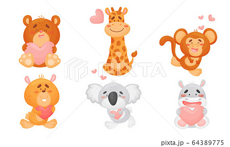 Cute Happy Animals Holding Hearts and Smiling Vector Set 64389775