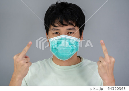 man with middle finger fuck sign hand gesture, 64390363