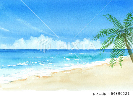 青空と海とヤシの木 水彩画のイラスト素材