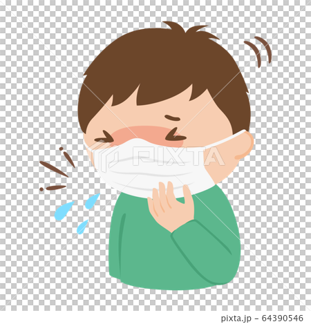 マスクごしにくしゃみをしている若い男性のイラスト。 64390546