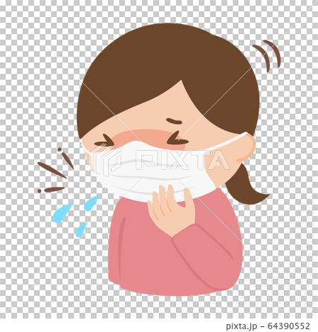 マスクごしにくしゃみをしている若い女性のイラスト。 マスクごしにくしゃみをしている若い女性のイラスト。 64390552