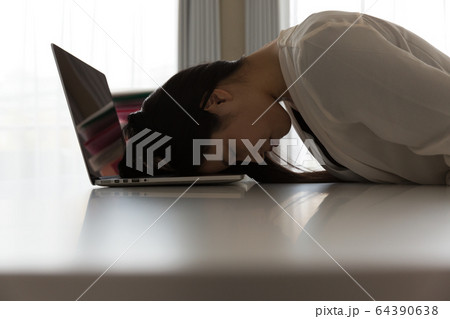 女性はノートパソコンに頭をつけて悩んでいる。 64390638