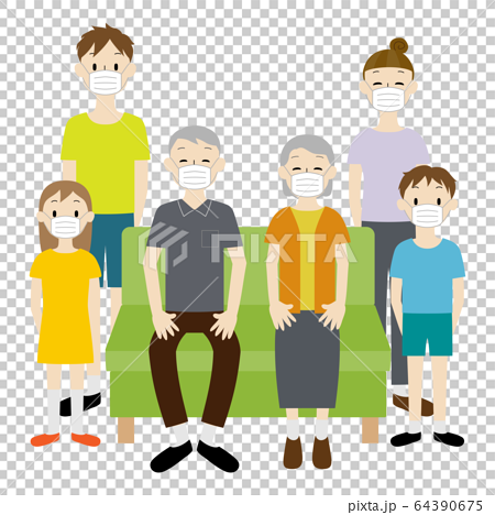 みんなで医療用マスクをして感染症予防をする3世代家族のイラストのイラスト素材