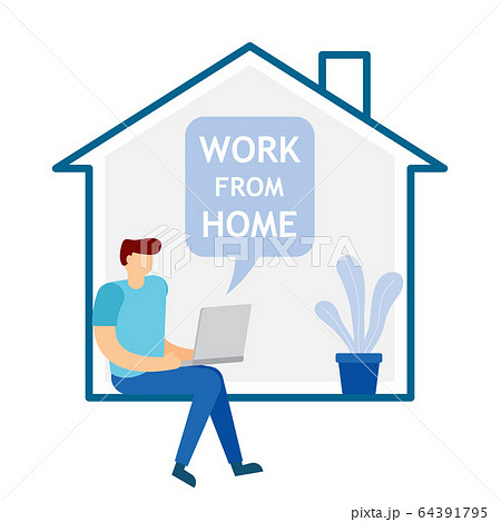 Young man sitting and working on laptop at home. 64391795
