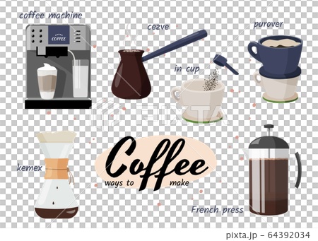 Coffee shop collection . Few ways to make coffee. Different mays of coffee preparing. Coffee machine, coffee cup, french press, kemex, purover, cezve or ibrik. Coffee shop collection . Few ways to make coffee. Different mays of coffee preparing. Coffee machine, coffee cup, french press, kemex, purover, cezve or ibrik. 64392034