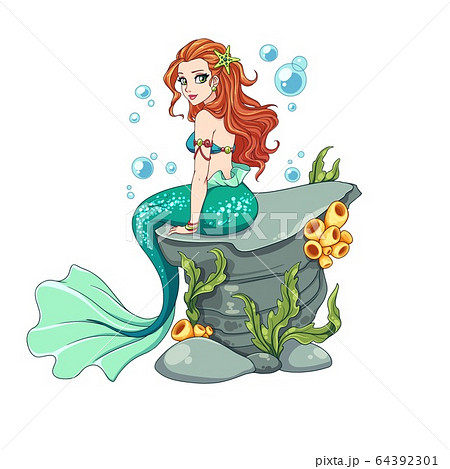 Beautiful cartoon mermaid with curly red hair and 64392301