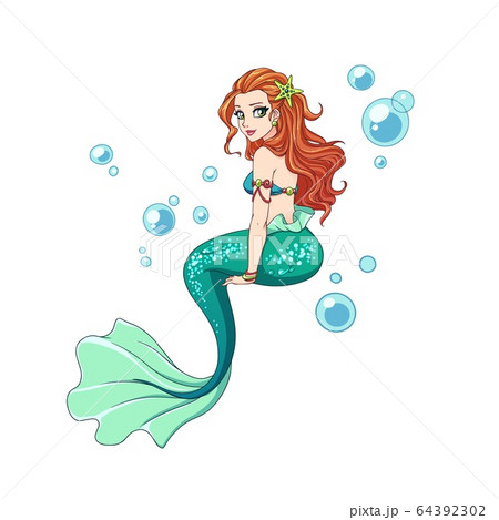 Beautiful cartoon mermaid with curly red hair and 64392302