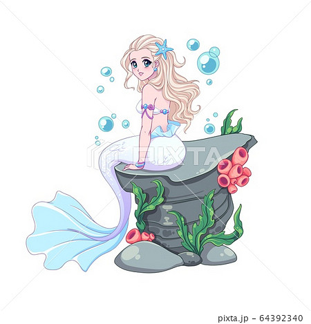 Beautiful Anime Mermaid With Curly Blonde Hairのイラスト素材