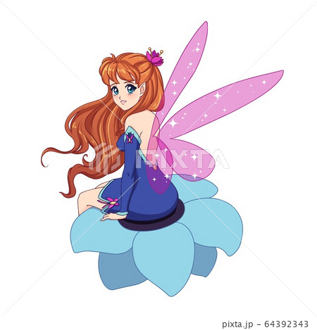 Beautiful anime fairy with shiny pink wings, red Beautiful anime fairy with shiny pink wings, red 64392343