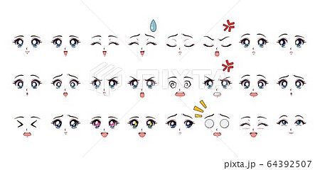 Set of cartoon anime style expressions. Blue eyes, Set of cartoon anime style expressions. Blue eyes, 64392507