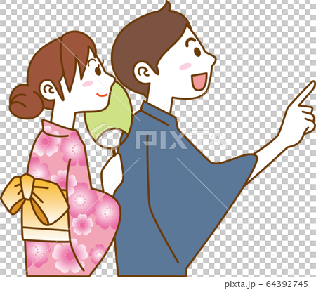 浴衣姿の若いカップルが空を眺めているイメージイラストのイラスト素材