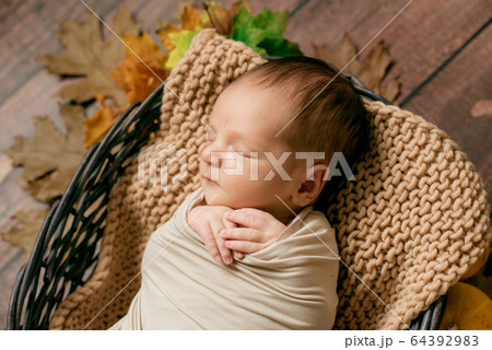 Cute little baby sleeping in a wicker basket of twigs with yellow leaves and little orange pumpkins. 64392983