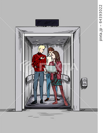 Elevator pitch, two young men and woman 64393022
