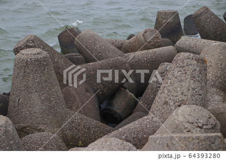 Tetrapods along the waterfront sea wall 64393280