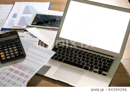 Laptop with blank screen on table. Workspace Laptop with blank screen on table. Workspace 64394266