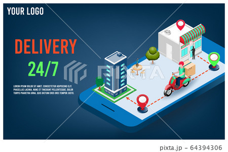 Online delivery service concept with delivery man ride scooter delivering parcel box. vector illustration. Online delivery service concept with delivery man ride scooter delivering parcel box. vector illustration. 64394306
