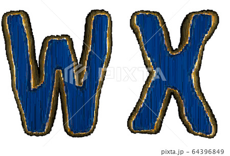 Set of alphabet letters W and X made of industrial metal blue color. Isolated white background. 3d 64396849