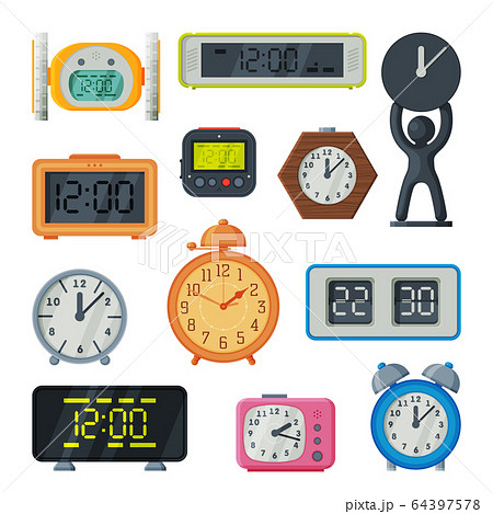 Table Clocks Collection, Old Fashioned and Modern Time Measuring Instruments Vector Illustration Table Clocks Collection, Old Fashioned and Modern Time Measuring Instruments Vector Illustration 64397578