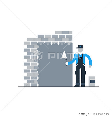 Construction worker finishing brick wall Construction worker finishing brick wall 64398749