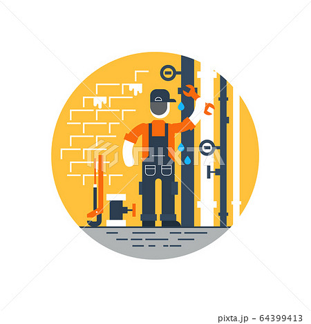 Worker with wrench repairing pipes, water dropping 64399413