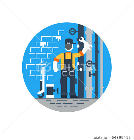 Worker with wrench repairing pipes, water dropping 64399415
