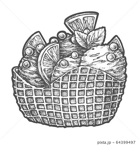 Sketch ice cream scoops in wafer sticks, dessert 64399497