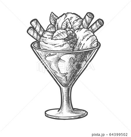 Sketch ice cream scoops and berry, sundae dessert 64399502