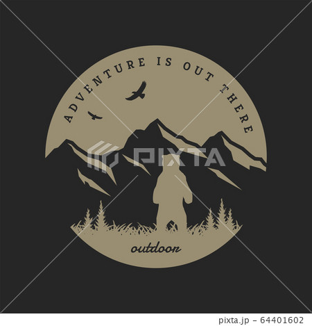 Journey into the wild. Badge, t-shirt design on a dark background. Vector illustration. Journey into the wild. Badge, t-shirt design on a dark background. Vector illustration. 64401602