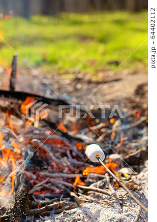 Camping bonfire, frying marshmallows at the stake Camping bonfire, frying marshmallows at the stake 64402112