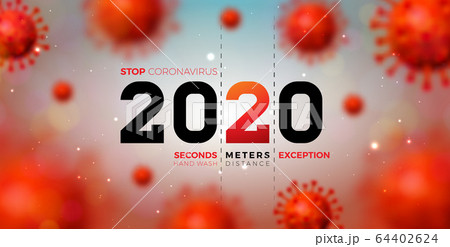 2020 Stop Coronavirus Design with Falling Covid-19 Virus Cell on Light Background. Vector 2019-ncov Corona Virus Outbreak Illustration. Stay Home, Stay Safe, Wash Hand and Distancing. 64402624